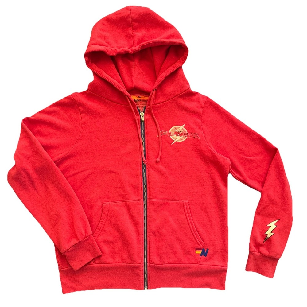 Aviator Nation Hoodie Women M  Flash Comic Con Red Zip Sweatshirt Lightning Bolt